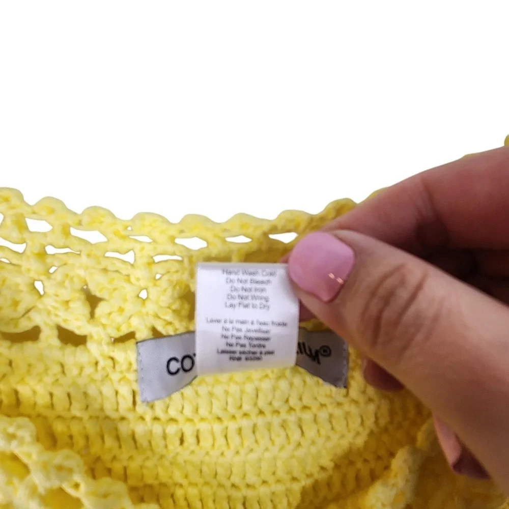 COTTON EMPORIUM Tank Top Womens Large Yellow Crochet Tie Front Crop Summer‎
